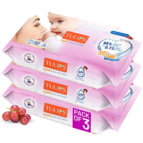 Image of Tulips Sensitive Baby Wet Wipes ( 216 Wipes ), for Gentle Cleaning /Moisturising, Rash Free, 99% Purified Water with Grapefruit Extracts