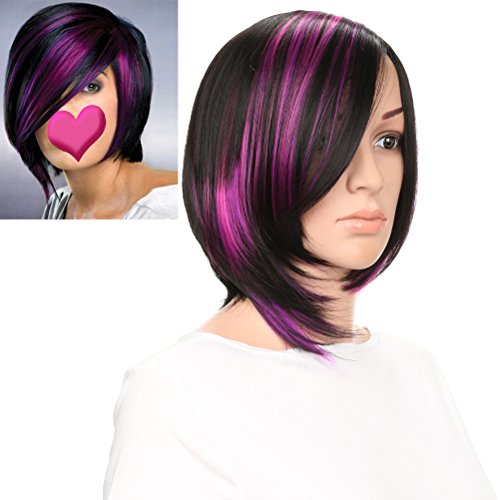 PATTNIUM Black Purple Wig Short Straight Bob Wig Women Hightlight Black mix Purple Wig Synthetic Daily Wear Cosplay Party Costume Wig (Black mix Purple)