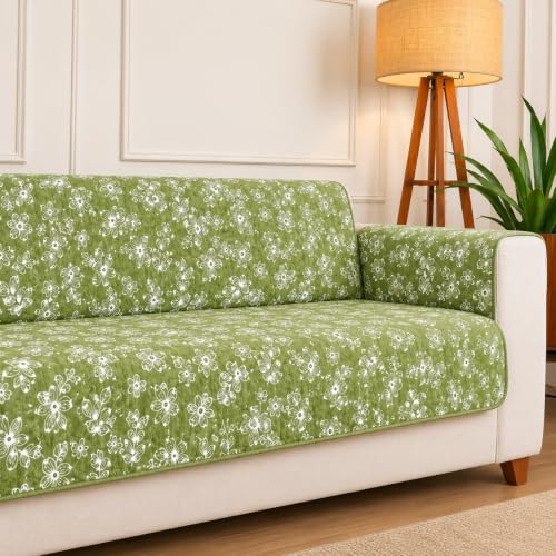 Image of STITCHNEST 'Opulence Series' Floral Woven Sofa Cover for 3 Seater | Premium Soft Fabric Sofa Protector | Green Floral Pattern with Armrest Pockets | Durable Living Room Furniture Cover