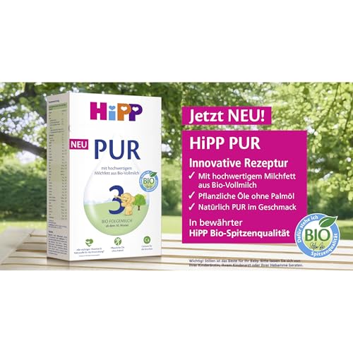 HiPP 3 PUR Folgemilch (5 x 500g), ab 10. Monat, mit hochwertigem Milchfett aus Bio-Vollmilch, ohne Palmöl, mit wichtigen Vitaminen & Nährstoffen, Omega-3 (DHA, ALA), in bester Bio-Qualität