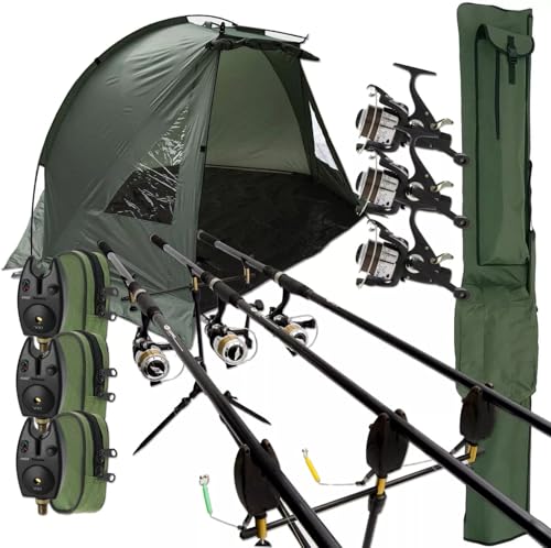 Full Carp Fishing Setup With Bivvy, Detachable Groundsheet, Matching 12ft 2pc Rods, 2BB Runner Reels, Bite Alarms, Rod Pod Stand and Holdall To Store your Tackle (3 Rod and Reel Setup)