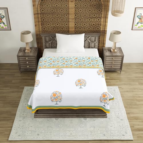 Image of BLOCKS OF INDIA Hand Block Printed Cotton Single Size Reversible Malmal Dohar for Summer (Green Tree of Life)