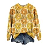 Pull norvégien pour femme - Col rond - Élégant - Pull à manches longues - Décontracté - Pull d'hiver chaud pour l'hiver - Automne - Imprimé - Hauts tricotés - Pull en tricot épais