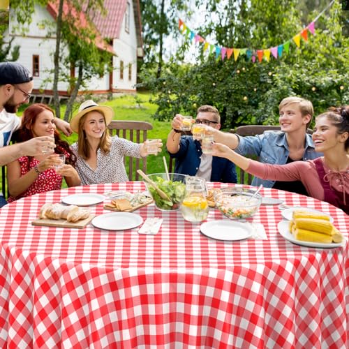 Image of 12 Pack Red and White Plastic Checkered Tablecloth Round, Premium Decorative Disposable Red Gingham Plaid Table Cloths for Parties, Round Party Table Cover for Picnic Farm Birthday Wedding, 84 Inch