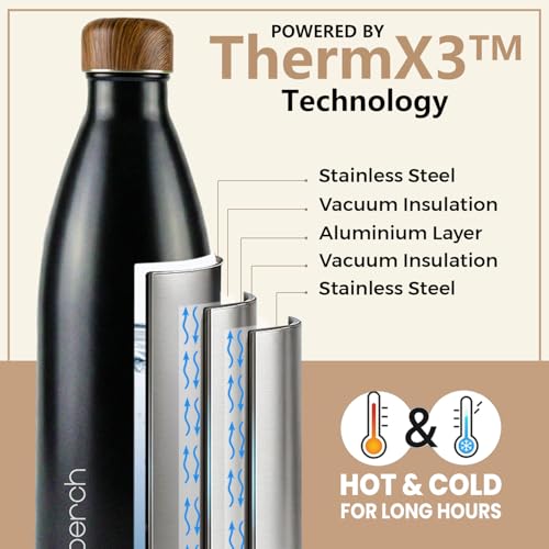 Image of Perch Retro Stainless Steel Water Bottle 980 ml | Hot & Cold Flask | Vacuum Insulated | ISI Certified | Leak Proof | BPA Free | for Office, School, Gym, Home & Travel | Wooden Black | Crafted by Pexpo