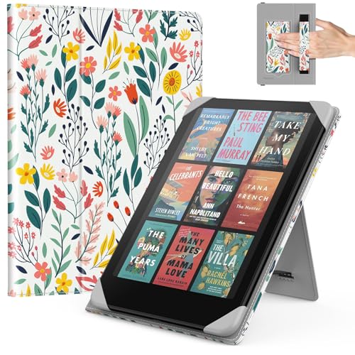 MoKo Universal Funda para 6.8, 7 Pulgadas Kindle Paperwhite eReaders y Tabletas, Kindle Paperwhite/Colorsoft/Kobo Libra/BOOX/Ocean, Funda Tipo Libro Liviana con Correa de Mano/Soporte, Flores