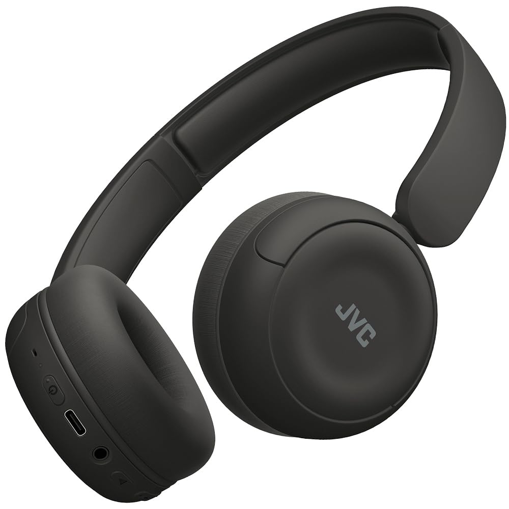 JVC Cuffie wireless HA-S59W-B con batteria da 50 ore, cuscinetti auricolari morbidi, design pieghevole, Bluetooth 5.3, Multipoint, App -EQ e microfono, Nero opaco