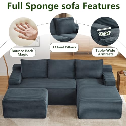 Image of 96.1 inch Modular Sectional Sofa with Ottoman, Modern Corduroy Cloud Couch, Boneless Couch Upholstered 3-Seater U-Shaped Sofa for Living Room, No Assembly (Dark Grey, Right-Facing Chaise)