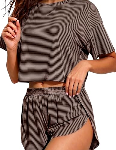 Image of Split Short Pajama Set Women's Striped Pjs with Sleeve Tee & Elastic Waist | Split-Leg Shorts Design, Soft Striped 2-Piece Lounge Set, Breathable Comfy, Travel, or Cozy Days At Home, Summer Vibes