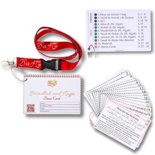 Bismillah and Hajj – Duaa Cards & Guide für Hajj und Umrah, mit rotem Schlüsselanhänger