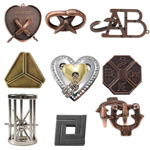 Rompecabezas Metal,Juegos Ingenio,9 Puzzle Metal Set,Juegos Ingenio Adultos,IQ Test Unlock Juguetes,IQ Puzzles Challenge,Juegos de Logica Educativos,Rompecabezas Regalo para Adultos Adolescentes