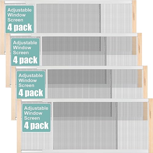 Hicarer 4 Pcs Expandable Window Screen Adjustable Sliding Window Screen Mesh with Zinc Plated Rails and Varnished Wood Ends Replacement Window Screens for Home(15 Inches High x 25-45 Inches Wide)