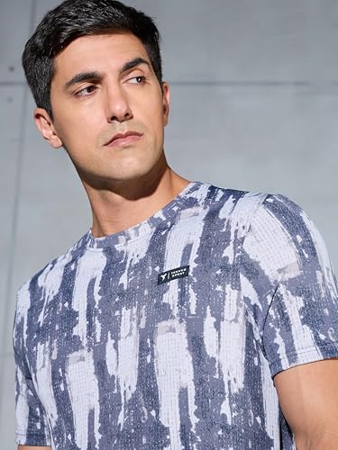 Image of TECHNOSPORT Men's Polyester Slim Fit All Over Print Crew Neck Half Sleeve T-Shirt with Technocool+,SPF50+ and Quick Dry