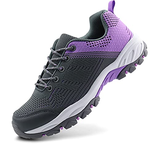 JABASIC Women Hiking Shoes Lightweight Knit Trekking Sneakers (7,Grey/Purple)