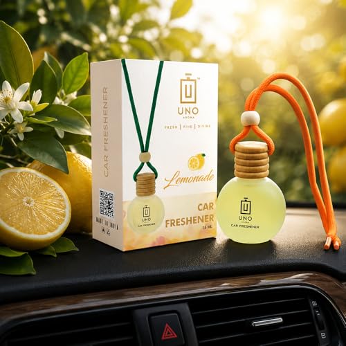 Image of UNOAROMA Lemonade Car Air Freshener, Long Lasting Hanging car perfume, Toxin-Free Oil in Glass Bottle with Wooden Diffuser, Car Accessories for fresh aroma, Last Up to 60 Days (15mlx2)