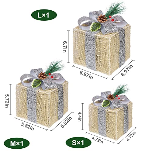 Covfever Christmas Lighted Gift Boxes, Pre-Lit Lights Gold Linen Cloth Gift Boxes, Light Up Present Boxes Set Battery Operated With Different Sizes For Holiday Indoor Outdoor Decorations #TOP3