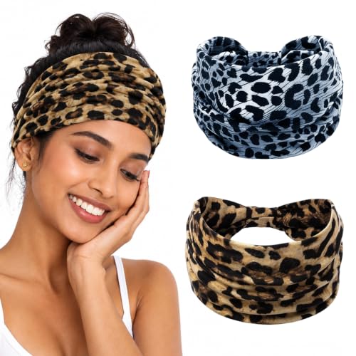 Image of MAYCREATE 2Pcs Wide Headband for Women Leopard Print Y2K Cloth Hair Bands | Soft Stretch Fit, Twisted Detail, Fabric Comfort, Helps Hold Hair Neatly, for Daily Styling Skincare Makeup and Fitness