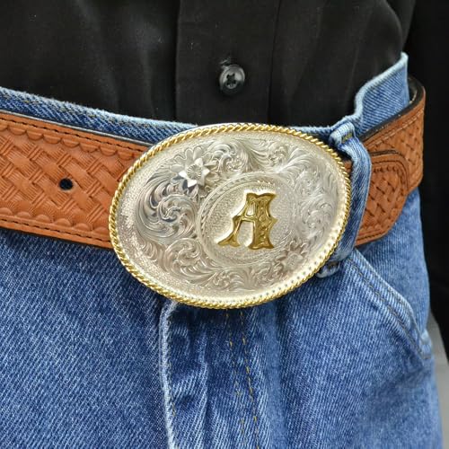 Image of Montana Silversmiths Initial Engraved Gold Trim Western Belt Buckle