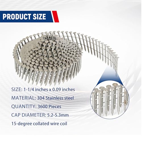 Image of 3600 Count Stainless Steel Siding Nails 15-Degree Collated Wire Coil 1-1 /4 Inch, 0.09 Inch Ring Shank Siding Nails