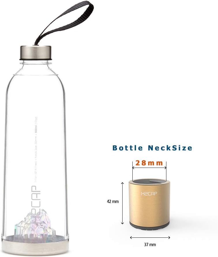 H2CAP Plus device with bottle and dimensions for 28mm bottle neck size.