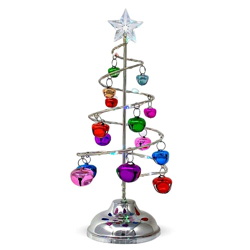 Lighted Tabletop Spiral Silver Christmas Tree - Multicolor Jingle Bells & Lights - Battery Operated - Home Xmas Décor - Approximately 10.25