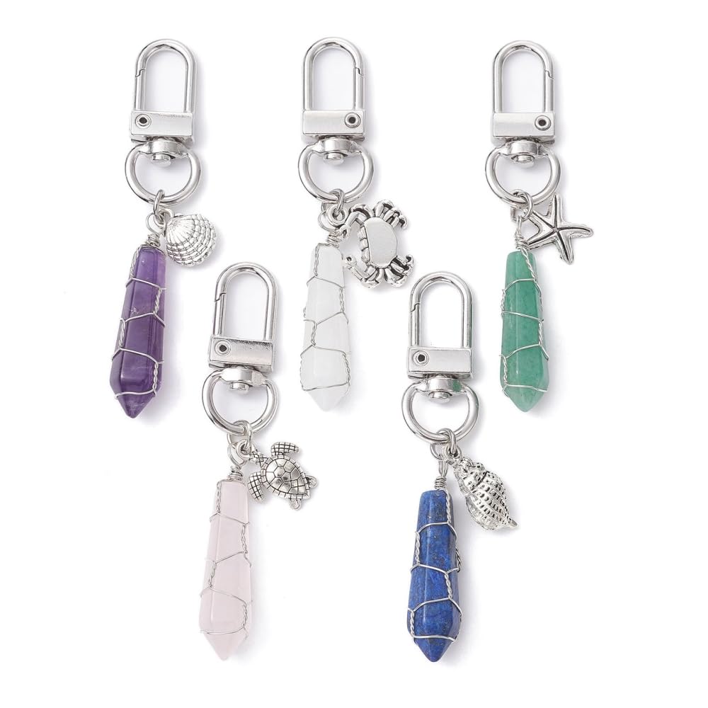 Stiesy 5Pcs 5 Styles Wire Wrapped Bullet Natural Gemstone Beads Pendants Tibetan Silver Sea Turtle Starfish Crab Charms with Swivel Clasps for DIY Keychain Jewellery Making Crafting — image 1
