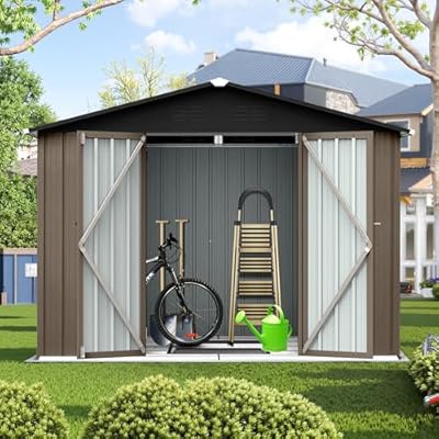 Lyngins 8x6 FT Outdoor Storage Shed, Metal Tool Shed with Lockable Doors, Peaked Roof & Frame Floor, Garden Shed with Vented Design for Backyard Garden Patio Lawn, Brown + Black
