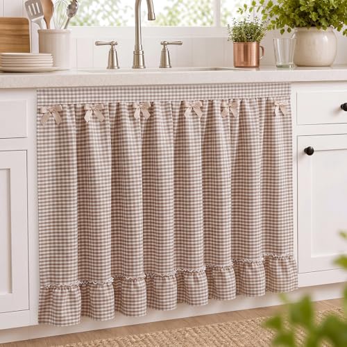 Tudomro Brown Gingham Sink Skirt for Bathroom 56 x 28 Ruffle Cabinet Curtain Brown and White Checkered Oven Skirt Under Desk Privacy Drape for Classroom Office Kitchen Laundry Room