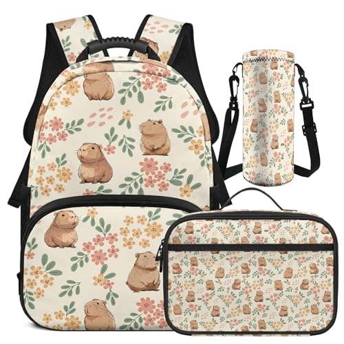Cute Girls Backpack Set Cute Capybara School Backpacks for Girls Schoolbag Sets with Lunch Box Water Bottle Sleeve Bag Casual Lightweight Daypack for School