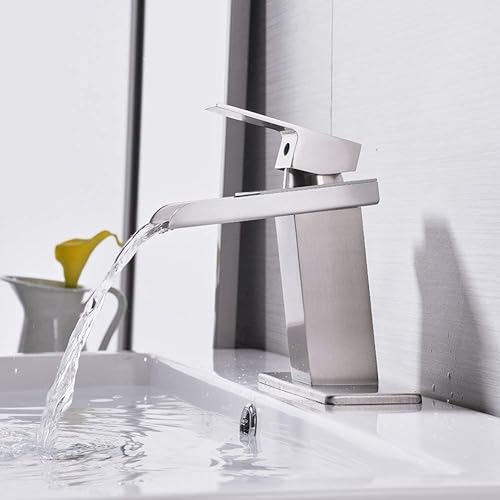 Miniatura 4 de Grifo para fregadero de baño, cascada de níquel cepillado, un solo orificio con níquel cepillado, grifo para fregadero de cocina con rociador