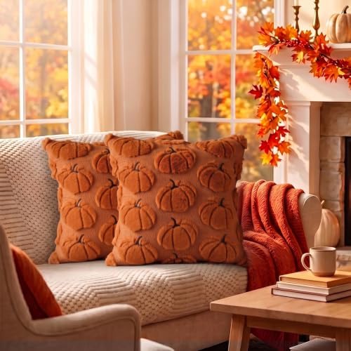DANGEAB Fall Decor Pumpkin Throw Pillow Covers 16x16 Set of 2 Cushion Cases for Autumn Thanksgiving Home Decorations(Caramel) - 3