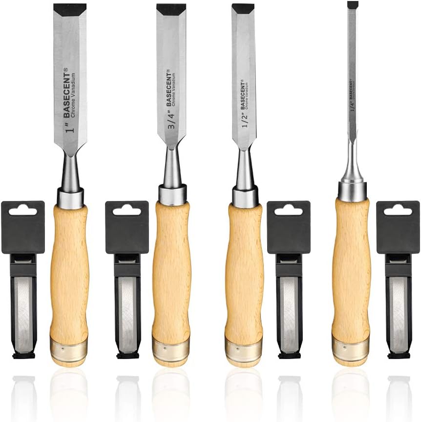 Wood Chisel Sets, Basecent Cr-V Professional Wood Chisels For Carpentry, Woodworking Wood Carving Bench Chisel Sets, 1/4, 1/2, 3/4, 1 Inch Hand Chisel For Wood, Sharp Wood Bevel Edge Chisel Tools - 4