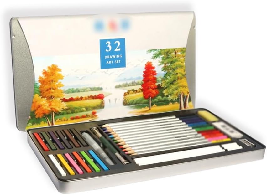 32 Pieces Water Soluble Coloured Pencils Drawing Set Tap Pens White Charcoal Iron Case
