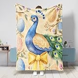  Coperta primaverile pasquale con pavoni e uccelli, 127 x 152 cm, con fiocchi e uova floreali, calda e soffice, in flanella, per camera da letto, campeggio, divano, decorazione con animali