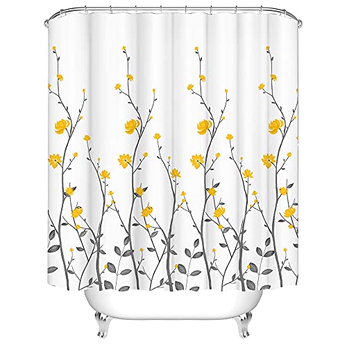 RnnJoile Yellow Flowers Bathroom Shower Curtain Yellow Floral with Grey Leaves Bath Curtain White Pattern Fabric Bathroom Accessories with 12 Hooks 72"x72" by RnnJoile - Used condition - US$17.70
