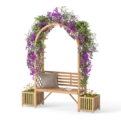 Happygrill Garden Arbor with Bench & 2 Planter, Wooden Garden Arch for Climbing Plants w/Love Seat, 2 Trellises & Planting Box to Grow Grapes & Vines, 2-Person Outdoor Wood Seating for Patio, Backyard
