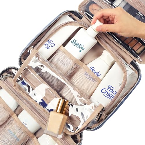 Image of NISHEL Travel Toiletry Bag for women, Portable Hanging Organizer for Travel-Sized Shampoo, Conditioner, Brushes Set, Makeup Accessories, Medium Size, Aegean-Blue