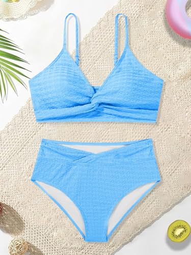 Image of Girls Swimsuit Solid Bathing Suit 2 Piece Twist Cross Adjustable Straps Soft Lining Bikini for Teen Girls with Chest Pad