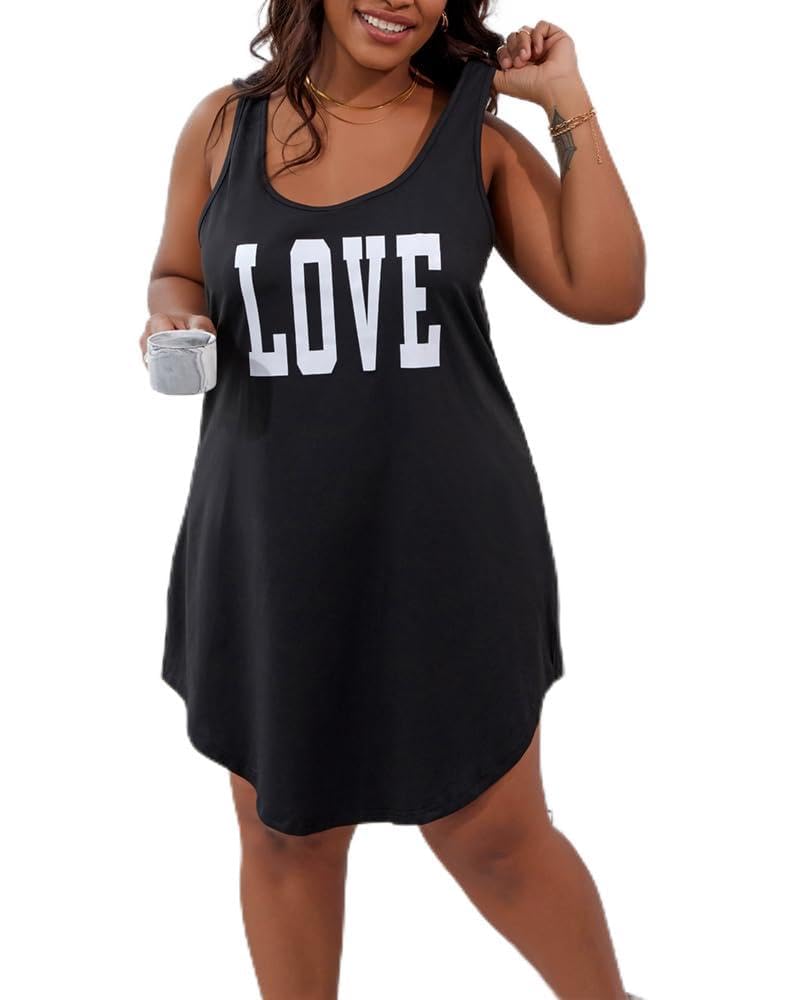 Vestido feminino plus size com estampa de amor, gola em U, sem mangas, caimento solto, casual, lounge, férias, casa, uso diário