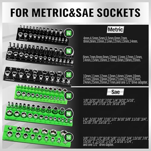 Image of Magnetic Socket Organizer Set, 6-piece 1 /4 inch, 3 /8 inch, 1 /2 inch SAE & Metric Sockets Holder, Drive Socket Trays, Storage Tool Box, Holding 143 Slots, Soft Rubber Covering Black Green Tools