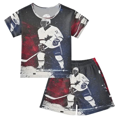 ALAZA Cute Color Ice Hockey Player Pajamas Set Short Sleeve Cotton Sleepwear Summer Pjs 2 Piece 5-14Y
