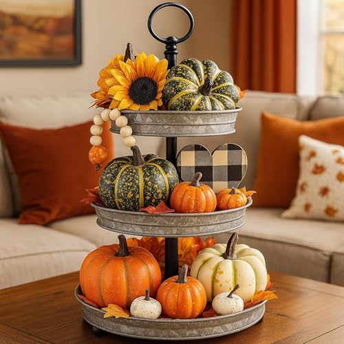 HAKACC 14 PCS Artificial Lifelike Simulation Mixed Pumpkins for Decorating, Fake Pumpkins with 30PCS Fake Maple Leaves Festival Thanksgiving Fall Harvest Home Decoration