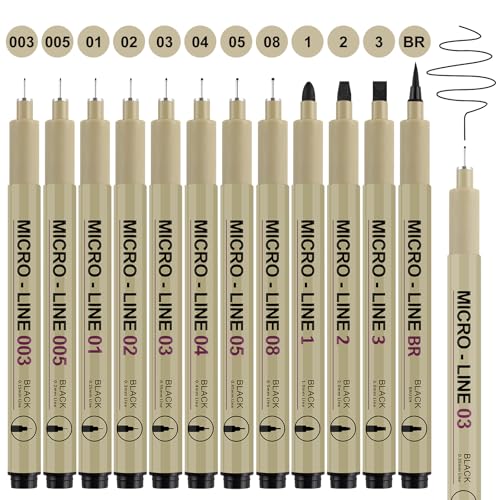 Gelanty Bolígrafos de punta fina negra, 12 bolígrafos de arte con micro delineador para artistas, bolígrafos de dibujo de tinta impermeable para bocetos artísticos, dibujo técnico, ilustración, cómic