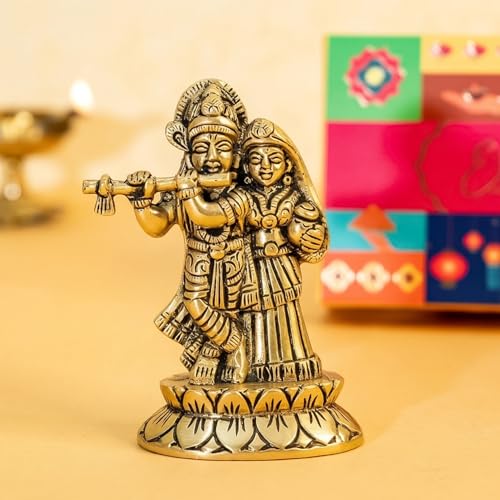Image of Ekhasa 100% Pure Brass Radha Krishna Idol with Gift Box | Shree Radha Krishna Decorative Brass Statue for Home Decor | Religious Housewarming Grah Pravesh Wedding Gift for Couple