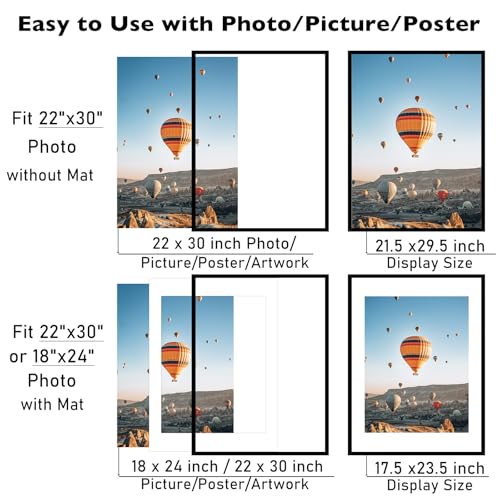 Image of JCJMY 22x30 Picture Frame with 18x24 Mat, Display Photo 18x24 with Mat or 22 x 30 Without Mat, Wall Hanging Large 22 by 30 Poster Frame with Plexiglass, Black