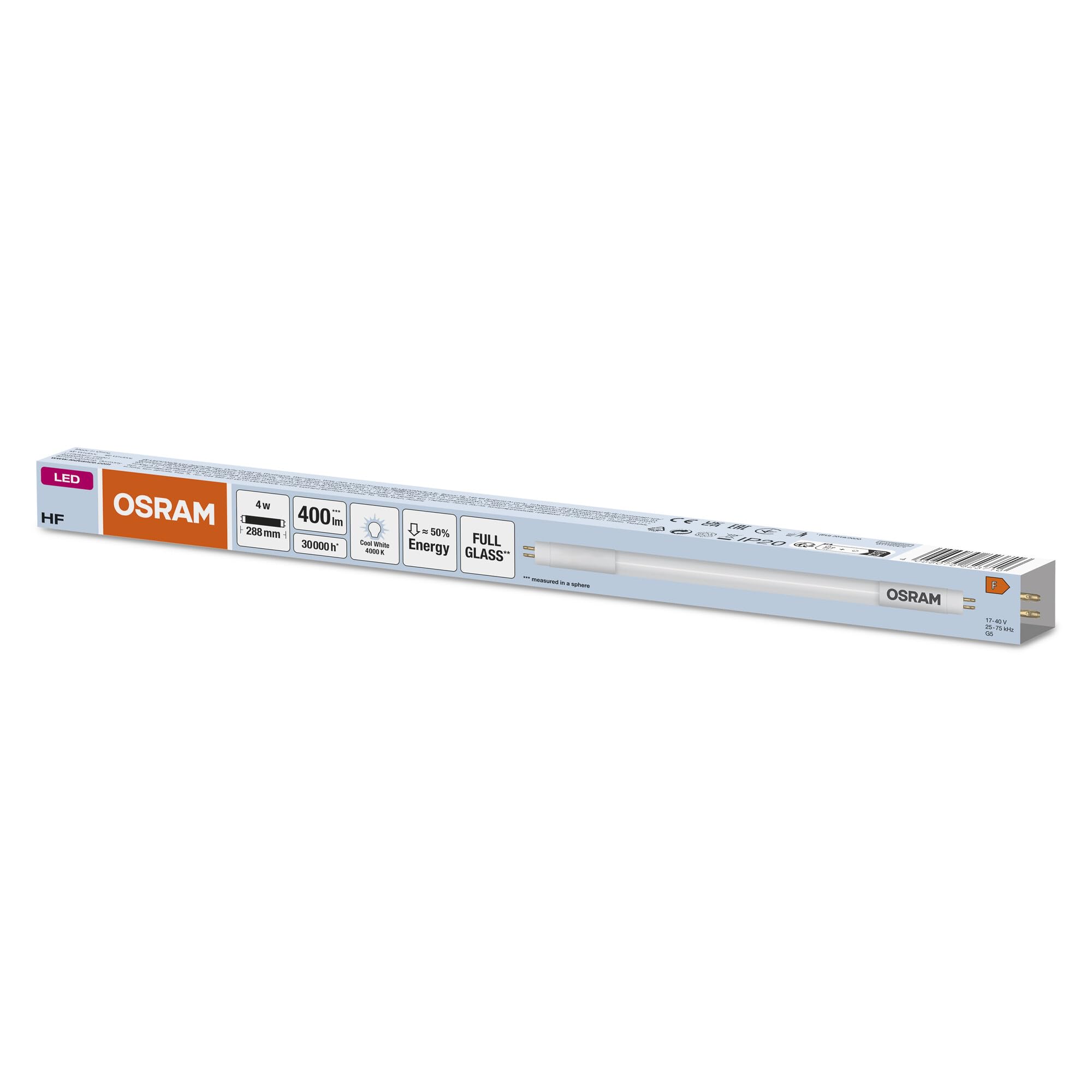 OSRAM LED TUBE T5 HF L8 SHORT 288 mm, tubo LED lineal, 4W, 400lm, 4000K, luz blanca fría, reemplazo LED para tubos fluorescentes T5 clásicos con casquillo G5, larga vida, optimo consumo de energía