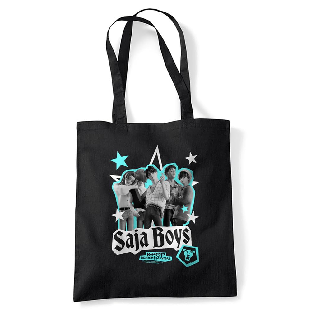 Kpop Demon Hunters Saja Boys Scrapbook Stars Grocery Travel Reusable Tote Bag, Black, 38X42Cm