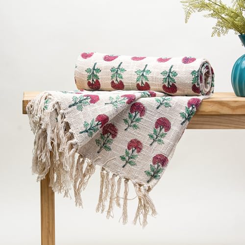 Image of 100% Cotton Hand Block Printed Throw Blanket 50x60 inches (127cm x 152.4cm) - Soft, Lightweight & Breathable Sofa, Bed or Couch Blanket - Cozy Decorative Boho - Home Decor Accent (Pack of 1)