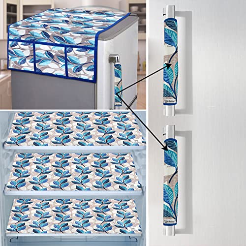 Image of Exclusive Combo Set of Appliances Cover (1 Pc. of Fridge Top Cover, 2 Pc. of Refrigerator Handle Cover and 3 Pc. Of Refrigerator Mat /Fridge Shelf Mat) (Color- Blue, Design-Leaf, Set Contains- 6 Pcs.)