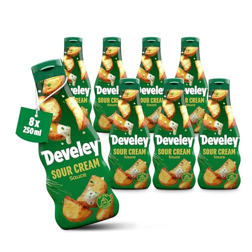 Develey - Sour Cream Sauce 8x250 ml Squeeze Flasche im Set - Cremig-feinherbe Sauerrahmsauce mit Schnittlauch - Ohne Konservierungsstoffe & Glutamat - Für Ofenkartoffeln, Wedges, Wraps uvm.